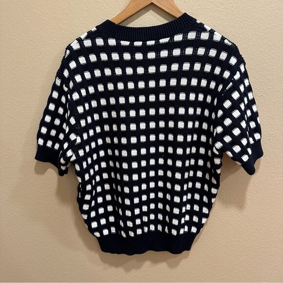 Ann Taylor Navy Blue White Checker Short Sleeve Knit Sweater Top Large - Picture 4 of 7